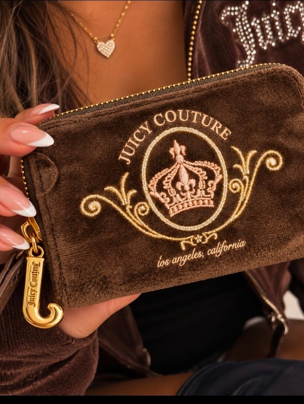 NEW Juicy Couture Brown Velour Crown Zip Around Wallet Y2K Gold J Charm